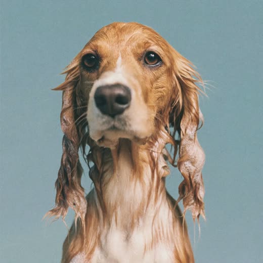 A damp spaniel after a bath on a plain pastel backdrop